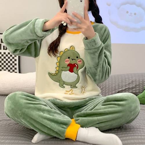 法兰绒睡衣女圆领套头甜美学生秋冬款珊瑚绒加绒加厚可外穿家居服