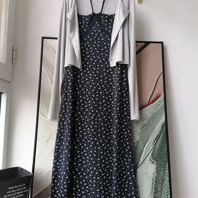 2024夏季新款法式气质碎花吊带连衣裙女长袖披肩薄款外套时尚套装