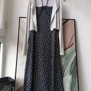 2024夏季新款法式气质碎花吊带连衣裙女长袖披肩薄款外套时尚套装