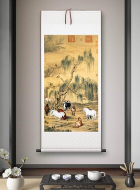 郎世宁《八骏图》客厅背景墙书房茶室装饰画挂画玄关高清卷轴字画