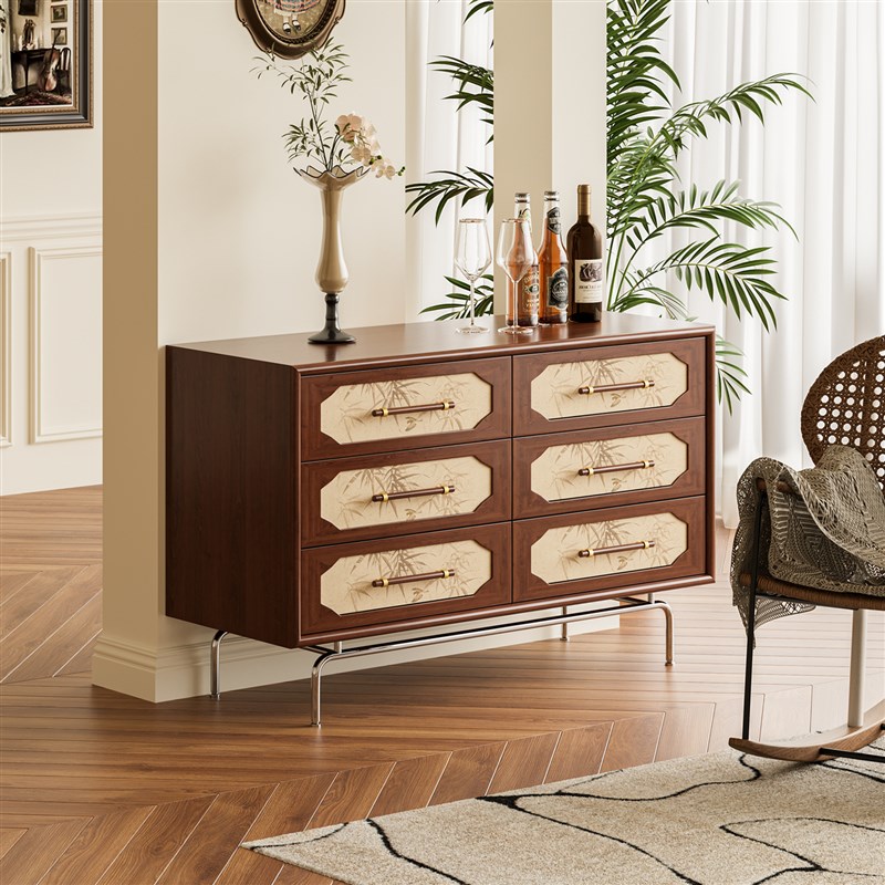 谷及 中古美式实木竹叶斗柜客厅卧室艺术风格储物柜可移动收纳柜