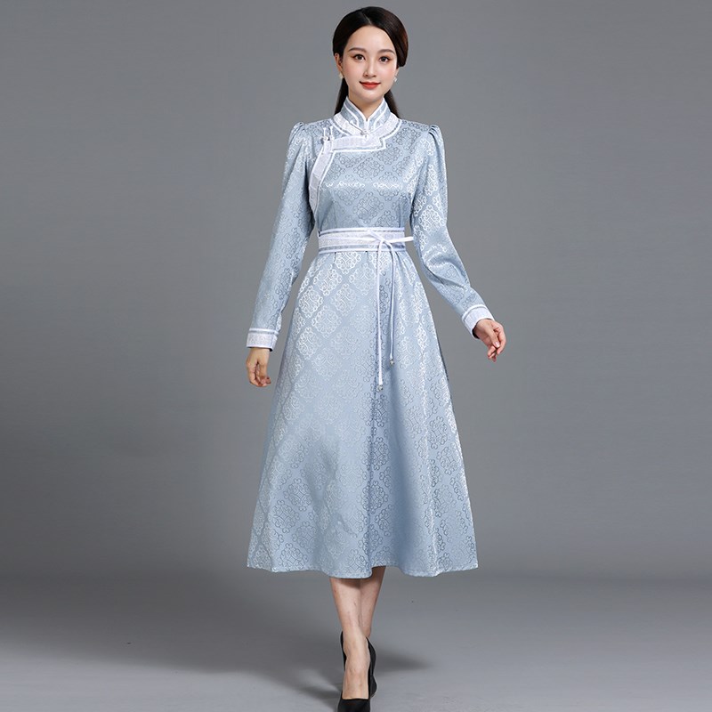 蒙古元素连衣裙女时尚蒙古袍日常生活蒙古裙手工盘扣立领蒙古服装