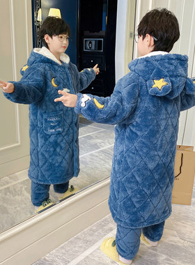 儿童睡衣冬季加厚款三层夹棉男童小孩珊瑚绒法兰绒月亮睡袍家居服