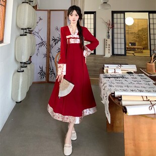 大码胖mm新中式国风提花v领红色汉服连衣裙女秋冬改良汉元素长裙