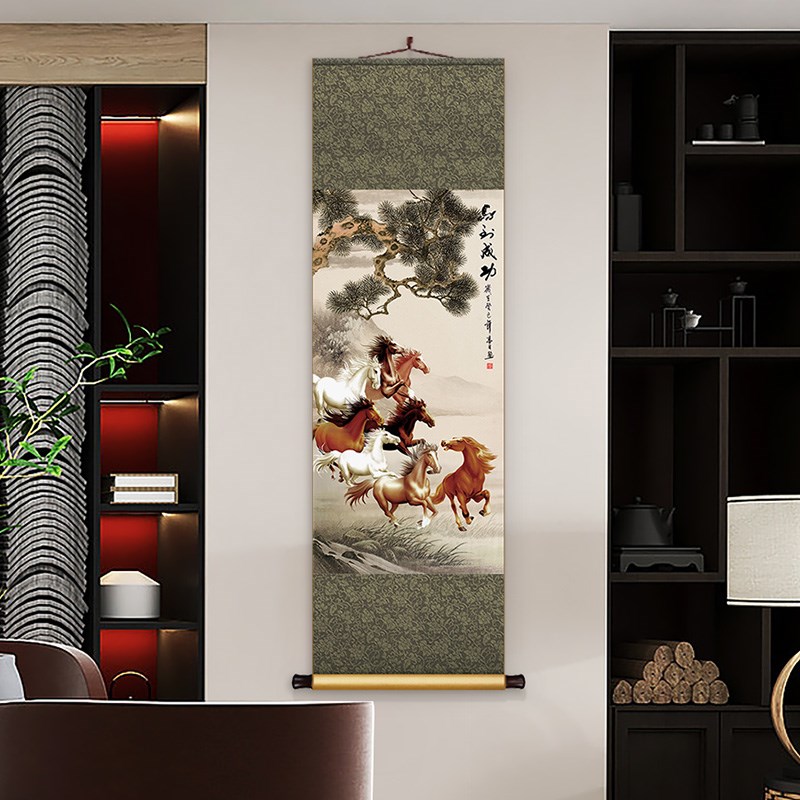 马到成功挂画中式客厅玄关装饰画卷轴装裱老板办公室字画茶室壁画