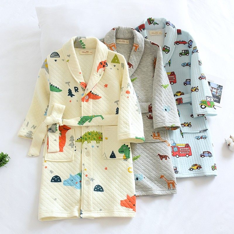 儿童春秋加厚纯棉空气层睡衣男童三层夹棉睡袍全棉浴袍宝宝家居袍