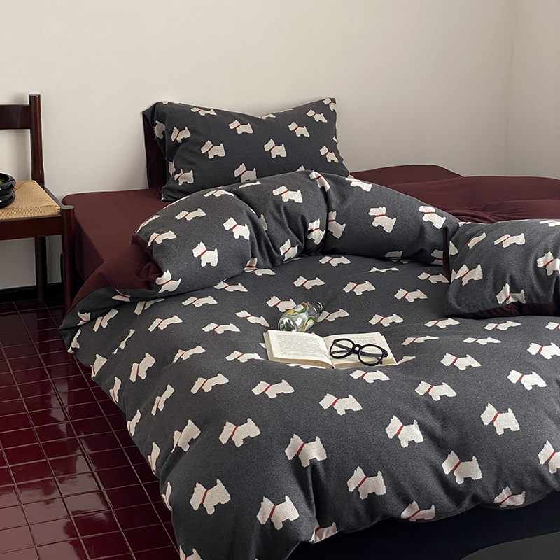 简约小狗A类全棉提花针织天竺棉四件套裸睡纯棉床上被套床单床笠