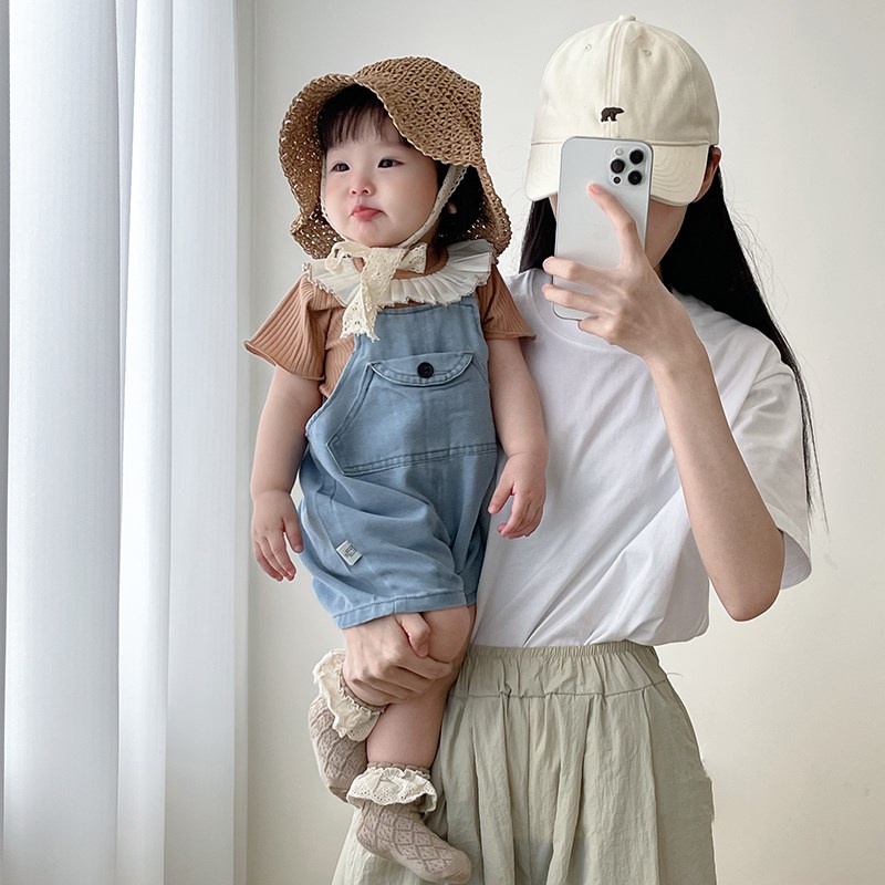 夏季女童休闲背带短裤女宝宝洋气短袖包屁牛仔爬服套装婴儿牛仔裙图片