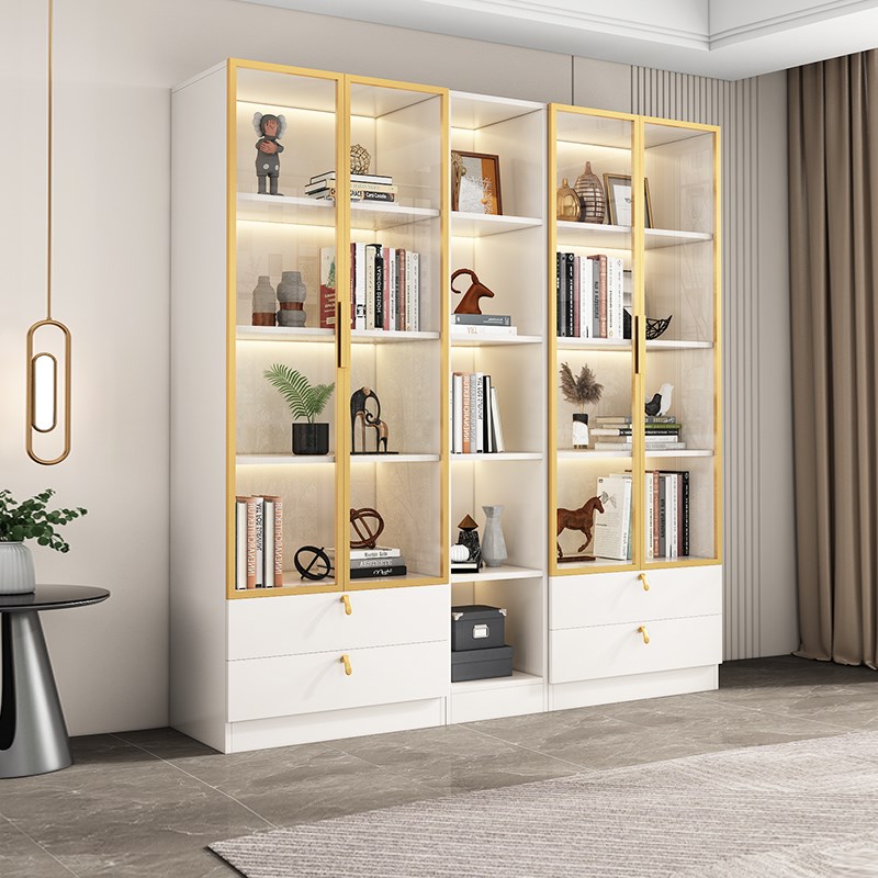 书柜带玻璃门自由组合家用轻奢定制客厅实木组装茶叶柜简易储物柜