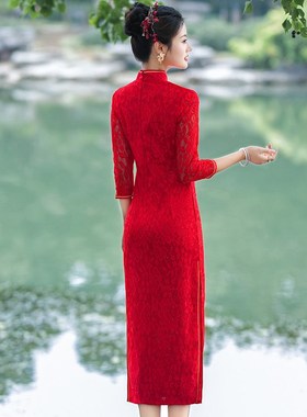 红色长旗袍外嫁女金花回娘家活动款中袖复古走秀宴会礼仪演出婚宴