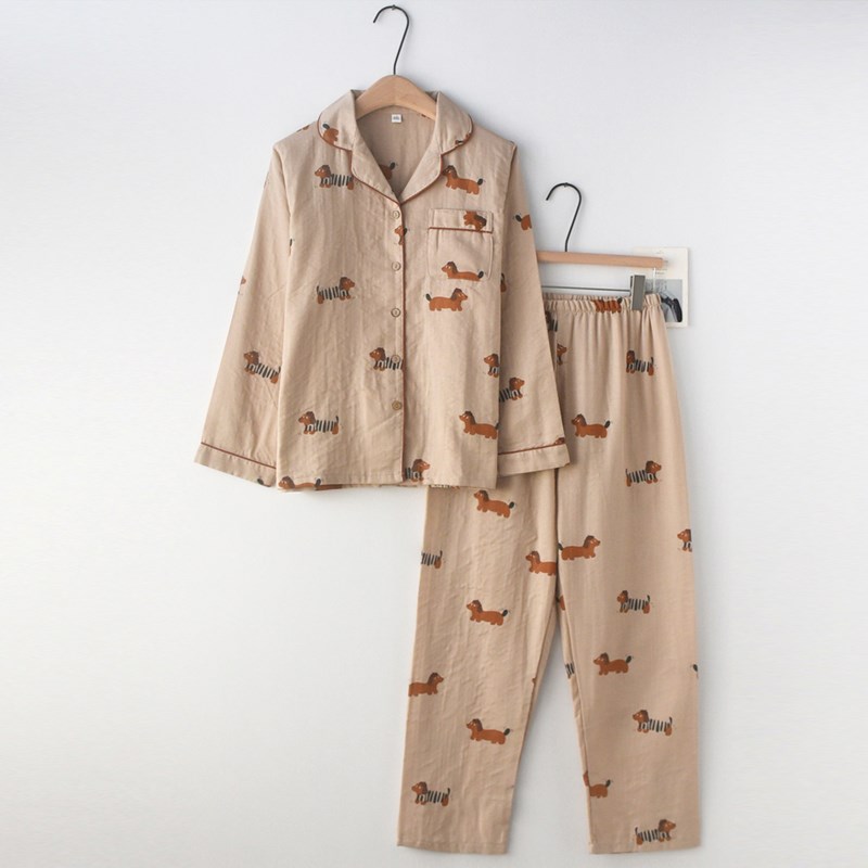 卡通肠狗睡衣男女春夏季纯棉纱布双层薄款大码长袖情侣家居服套装