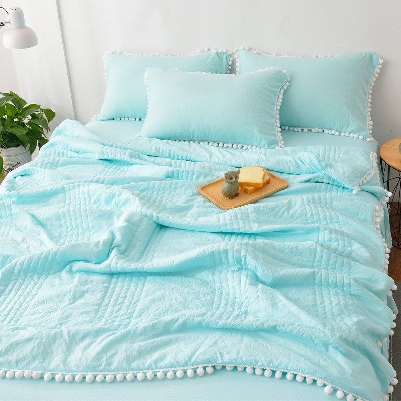水洗棉单夏被梨花毛球球薄被子夏凉被空调被蓝色单人宿舍冷感