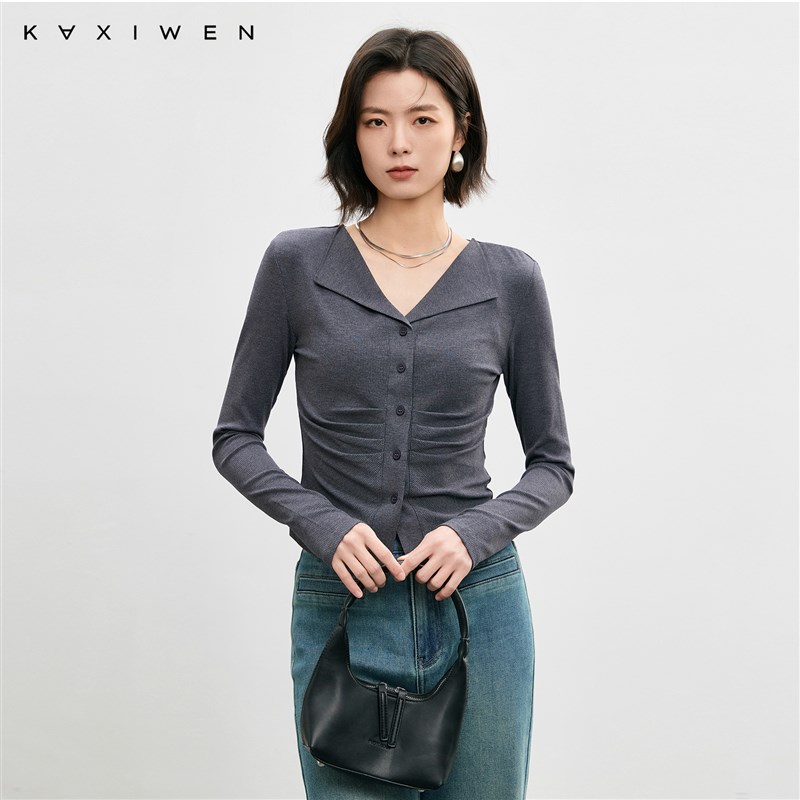 佧茜文打底针织衫2025春季新款翻领显瘦褶皱简约收腰线条修身上衣