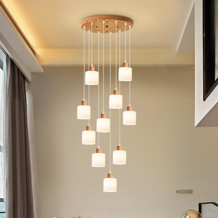 新款中式中古风格楼梯吊灯挑空复式楼楼梯间吊灯长线简约木艺吊灯