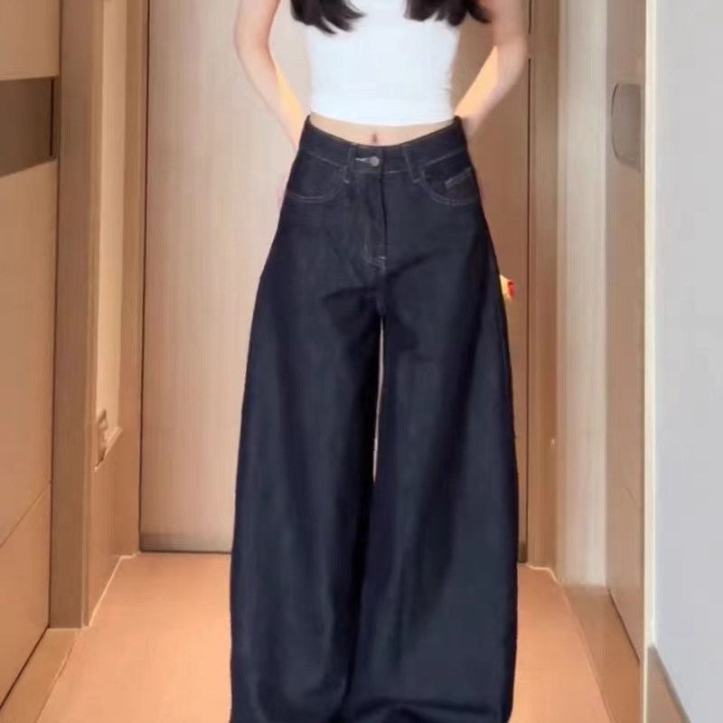 美式深色宽松显瘦阔腿牛仔裤子女2025夏季新款复古百搭休闲拖地裤