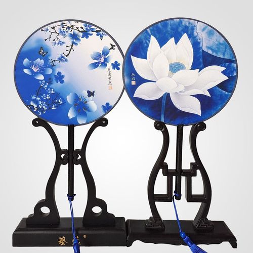 扇子青花瓷团扇儿童节演出古典长柄宫廷古风跳舞圆形荷花女汉服扇