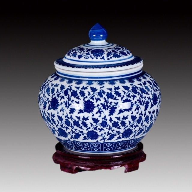 景德镇陶瓷器仿古青花瓷罐子摆件装饰将军罐中药罐坛子茶叶罐带盖