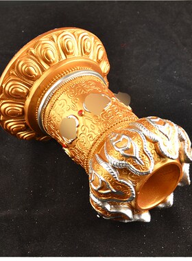 藏式手摇转动底座压克力浮雕桶身客厅摆件莲花仿玉手摇转桶筒底座