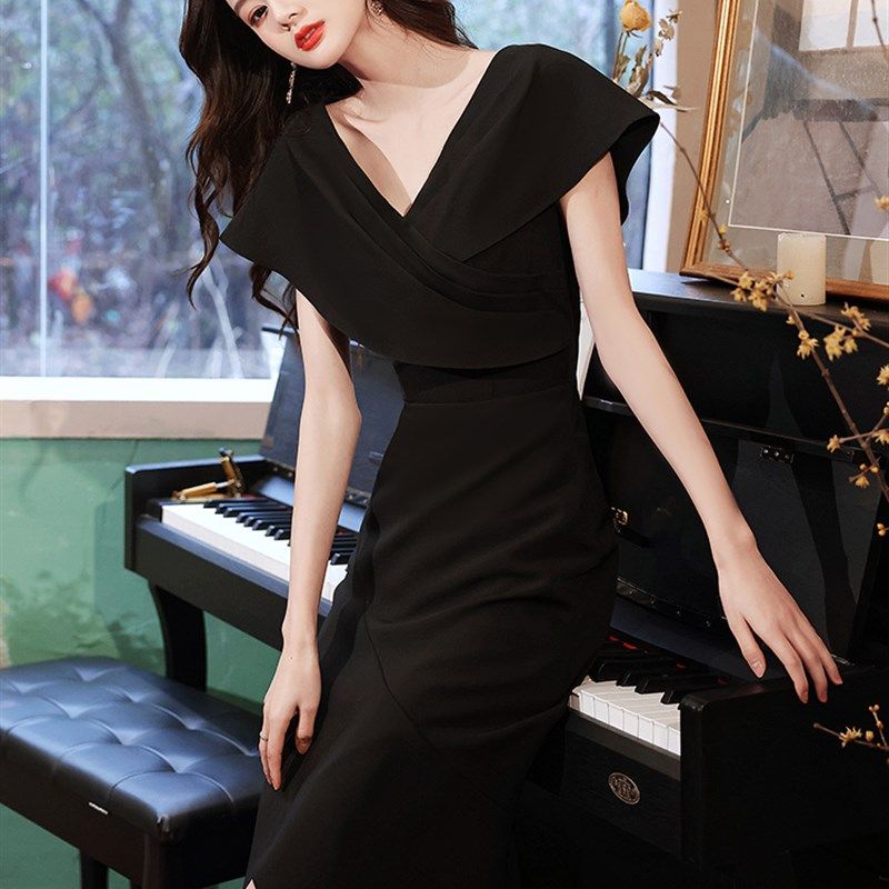 黑色晚礼服裙女拉链款宴会主持人气质简约大学生艺考钢琴演出礼服