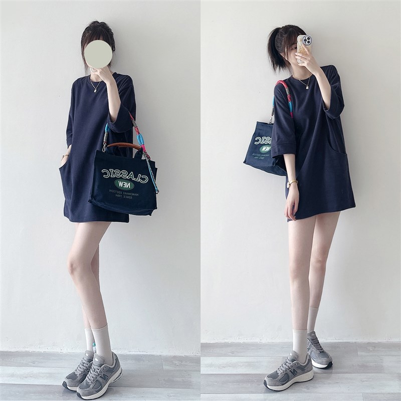大口袋宽松七分袖t恤女加厚打底衫女 配打底裤的中长款上衣连衣裙