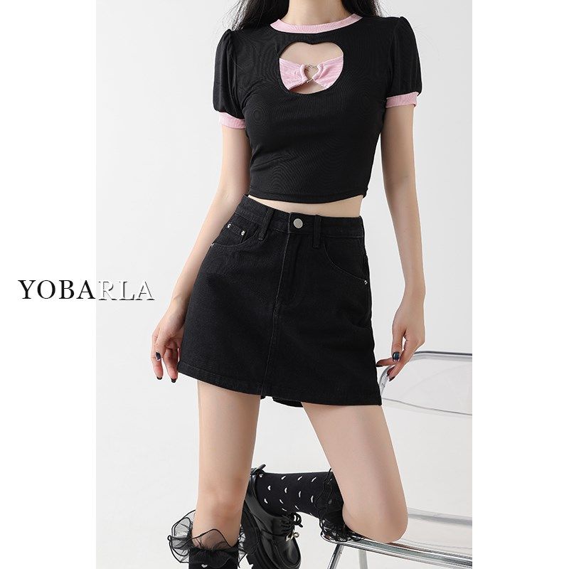 黑色牛仔短裙裤女高腰夏季大码胖mm遮肚子显瘦梨形身材a字半身裙