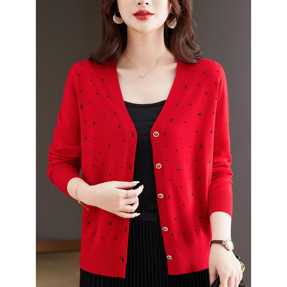 慵懒风碎花v领针织高级时尚黑色镶钻开衫女春季新款气质软糯毛衣