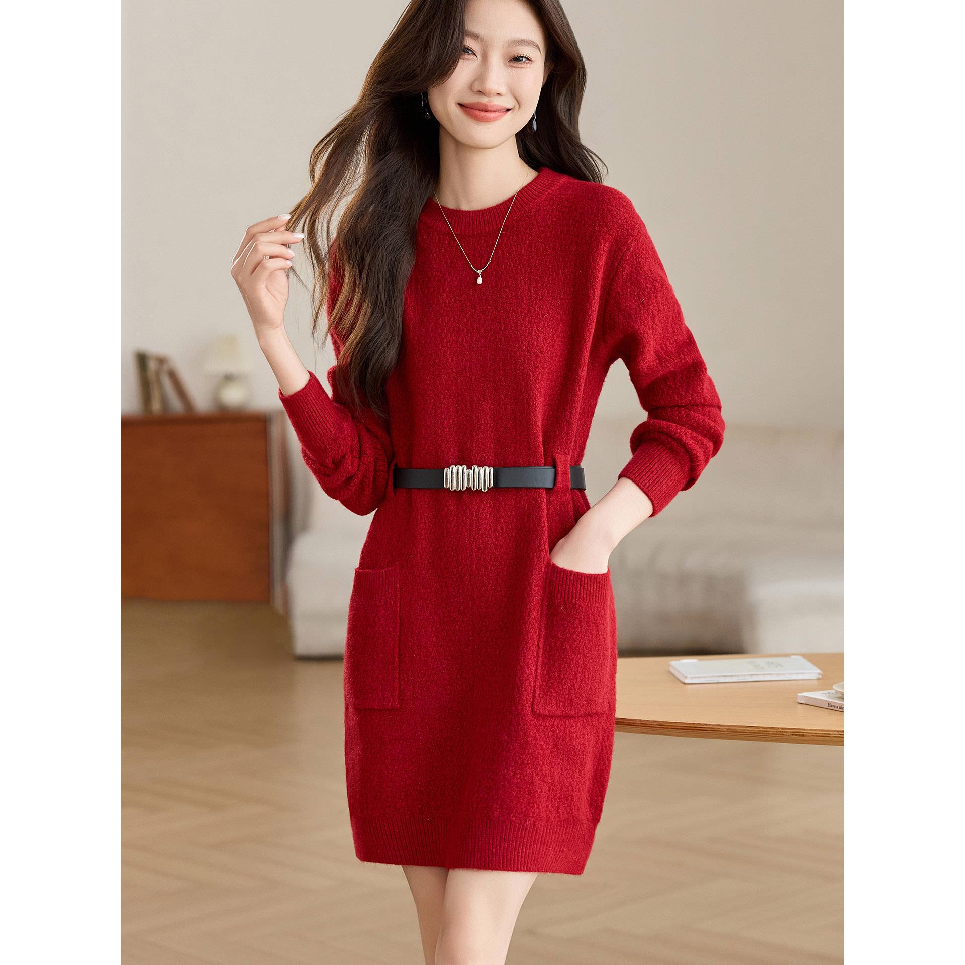 氛围感新款时尚毛针织连衣裙女秋冬收腰配大衣小个子气质毛衣裙