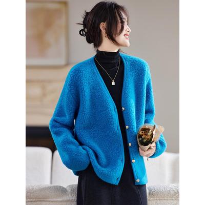 纯绵羊毛针织开衫女短款颗粒绒外套2025秋冬新款今年流行爆款上衣