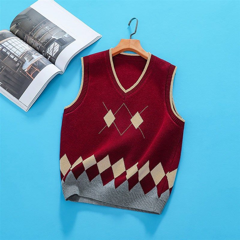 学生马甲儿童毛衣男童针织毛线背心大童校园风纯棉墨绿色男生校服