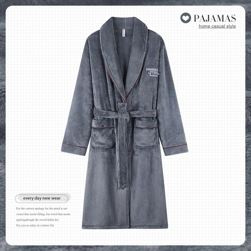 法兰绒睡袍女款秋冬季加厚加绒珊瑚绒妈妈宽松大码居家浴袍中长款