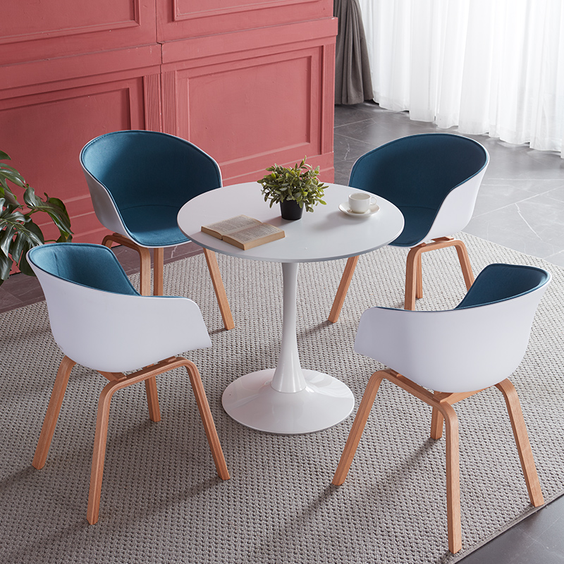 售楼处北欧岩板洽谈桌休闲接待实木椅子郁金香白色烤漆阳台小圆桌