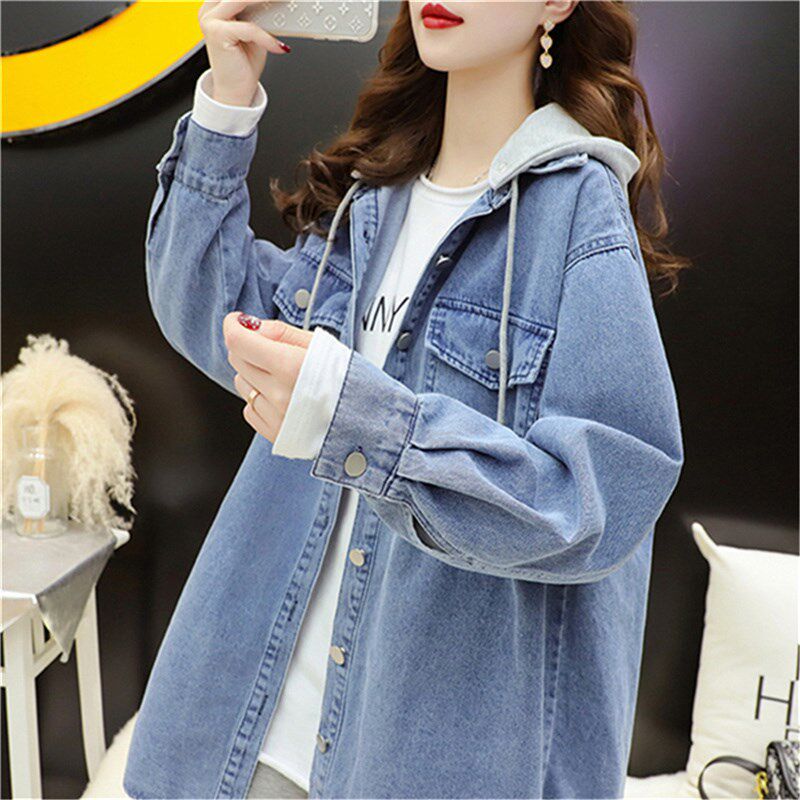 纯棉牛仔外套胖mm大码女装连帽中长款风衣遮屁股假两件巨显瘦上衣