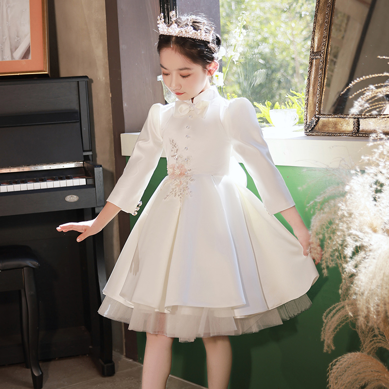 女童生日公主裙高端花童婚礼小女孩礼服儿童钢琴演出服主持人缎面