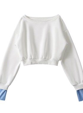 MICN斜领露肩灰色假两件卫衣女设计感袖口拼接小个子宽松短款上衣