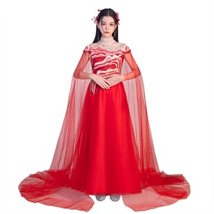 女童弹古筝演出服中国风艺考红色主持表演服水墨千里江山儿童礼服