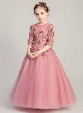 儿童晚礼服公主裙女童婚纱小花童蓬蓬纱主持人钢琴表演服长袖冬天