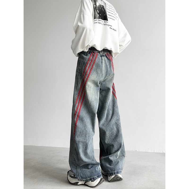复古微喇黄泥蓝牛仔裤男生宽松直筒条纹拼接休闲做旧工装阔腿长裤