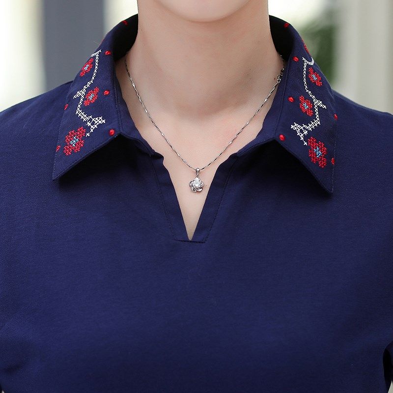 女装春季新款中老年有领中年妈妈秋装翻领七分袖纯棉T恤女POLO衫