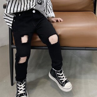 2023春秋款破洞乞丐裤儿童跳街舞嘻哈洋气男童小脚修身瘦版修身裤