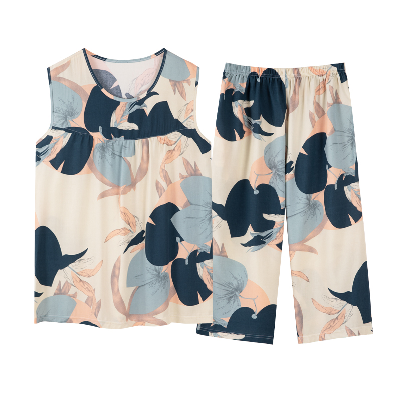 中老年人睡衣夏季棉绸女中年妈妈纯棉无袖背心家居服套装薄款大码