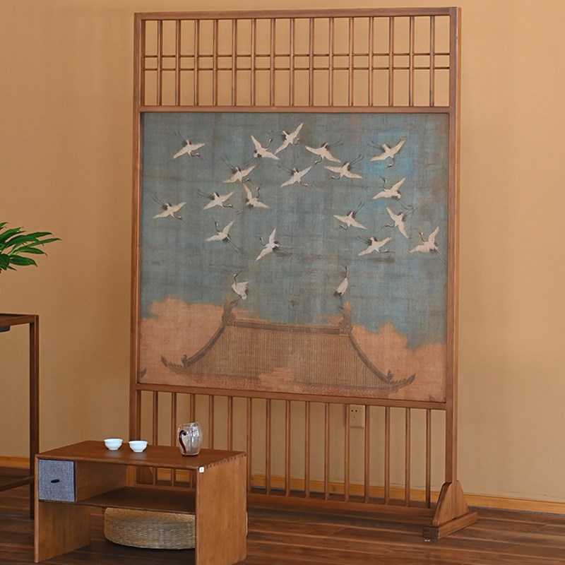 祥福瑞鹤屏风隔断客厅入户玄关简约办公室布艺双面简易落地座屏