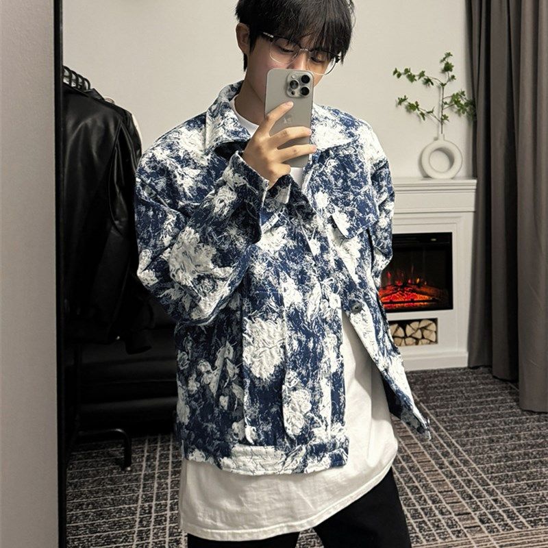 复古vintage提花短款垫肩牛仔外套男士高级设计感街头夹克衫褂子