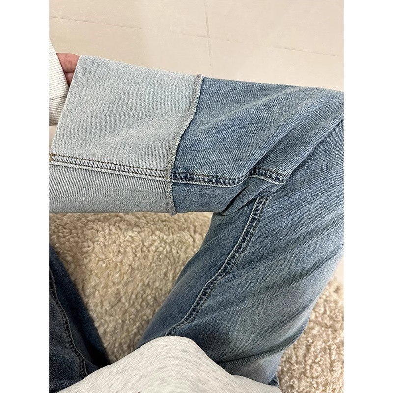 梨形卷边直筒牛仔裤女2025春秋大码胖mm高腰弹力显瘦九分烟管裤子