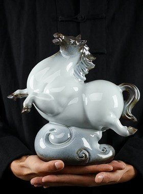 久造陶瓷唐马摆件新中式招财工艺品客厅书房摆设玄关办公桌装饰品