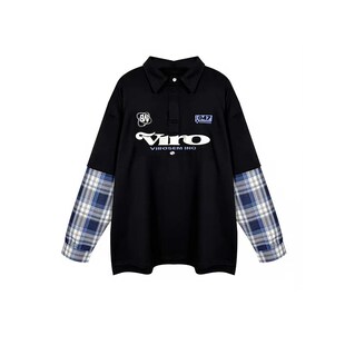 街头复古学院风上衣服 假两件卫衣男女春秋美式 格子拼接Polo衫 长袖