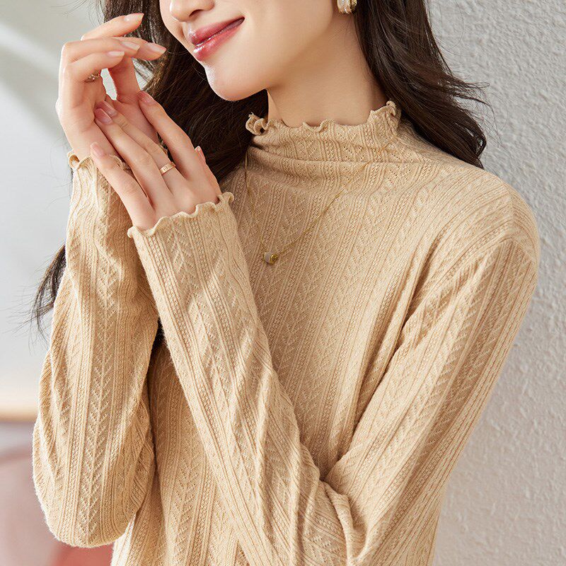 初影杏色针织衫女长袖2025春装新款内搭打底衫半高领上衣毛衣