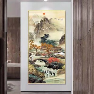 安居福地十字绣旭日东升流水生财新款客厅竖版玄关图大格棉线满绣