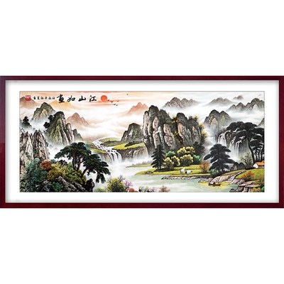 2022年新品江山如画迎客松流水生财仙鹤风景山水背景墙壁装饰贴画
