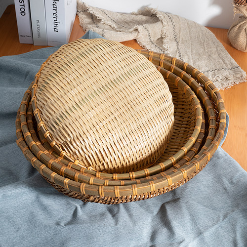 竹编制品圆竹簸箕家用收纳筐编织篮子装馒头竹筐馍筐水果零食竹篮