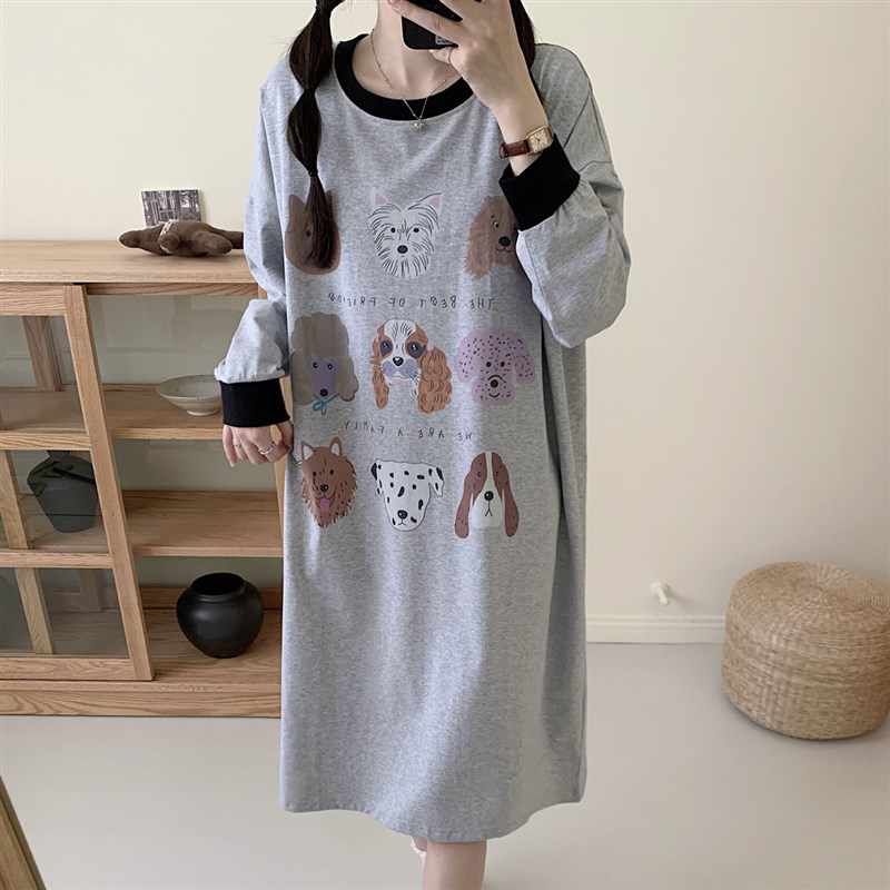 卡通可爱狗狗中长款纯棉睡裙女秋季长袖宽松休闲孕妇裙睡衣家居服